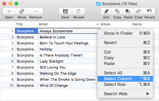 How to select few columns in Amvidia Tag Editor for Mac