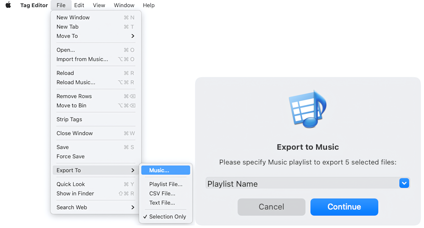 'Export to Music' window in Tag Editor for Mac