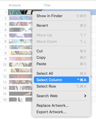 Selection of rows or cells via context menu.
