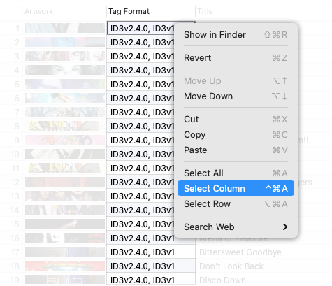 How to select Tag Format cells in the Tag Editor