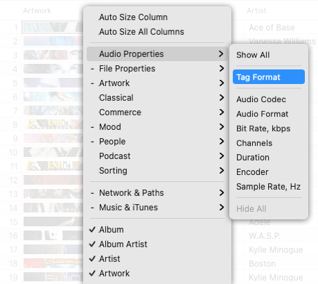 How to show the Tag Format column in Tag Editor for Mac