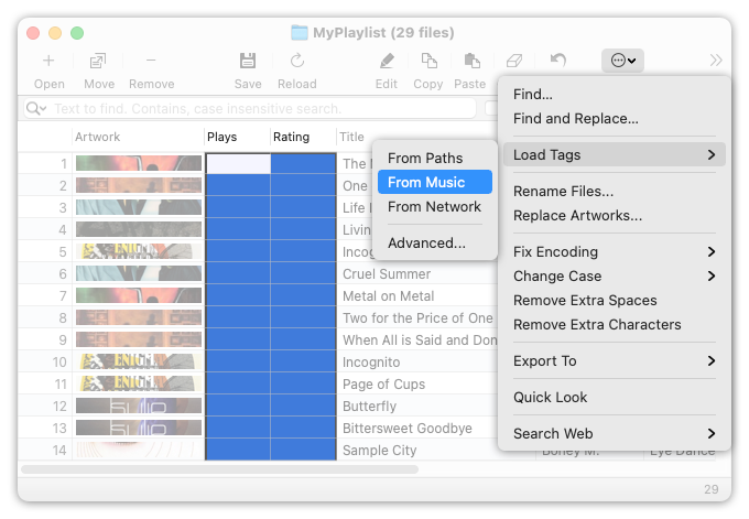 Loading Ratings and Plays from Music/iTunes in the Tag Editor for Mac