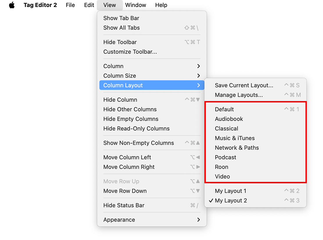 Tag Editor for Mac - PREDEFINED COLUMN LAYOUTS